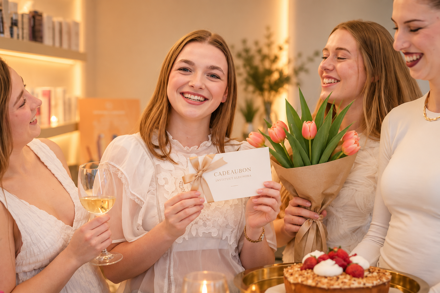 Twee glimlachende vriendinnen met een cadeaubon en bloemen genieten van een feestelijk moment. Een cadeaubon van Schoonheidsinstituut Eleonora in Antwerpen is een origineel cadeau.