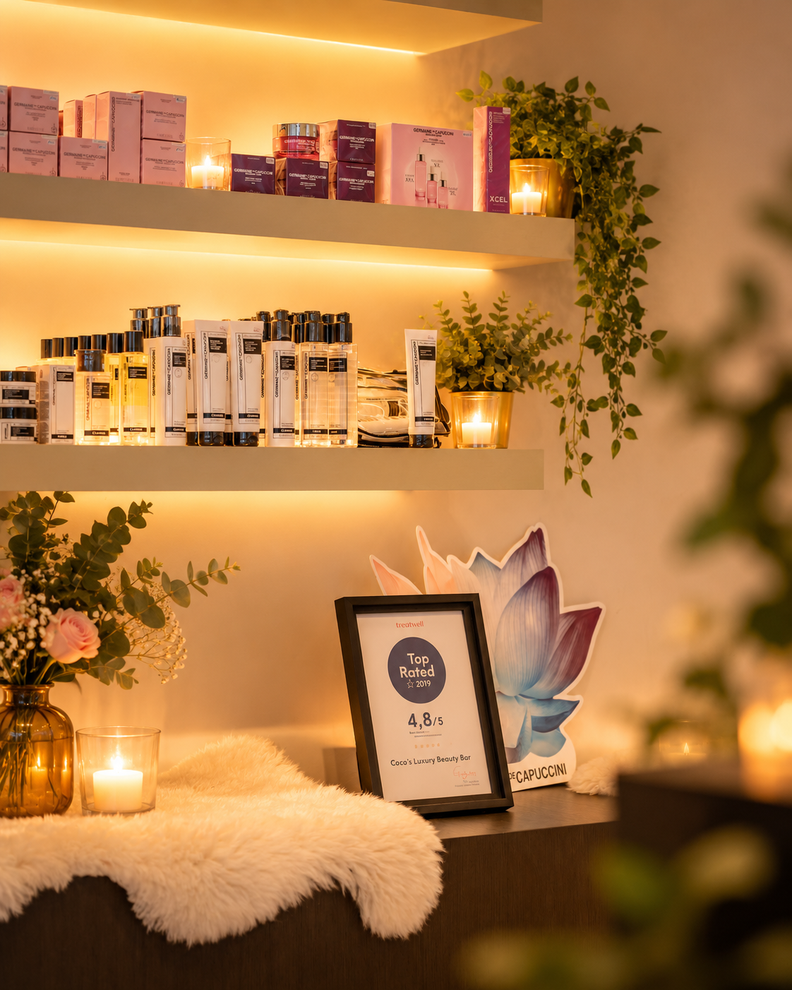 Warme wellnessomgeving bij Schoonheidsinstituut Eleonora Antwerpen met Germaine de Capuccini-verzorgingsproducten en sfeervol kaarslicht.